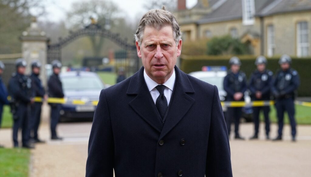 Prince Andrew Arrest 2026 aftermath showing a disgraced British royal figure standing outside a gated estate in Norfolk during a tense media and police presence