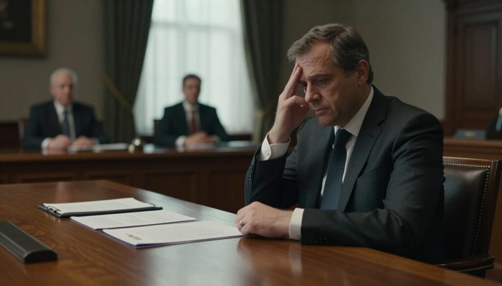 Prince Andrew Arrest 2026 legal investigation scene showing a stressed former royal seated in a formal meeting room with legal documents during questioning