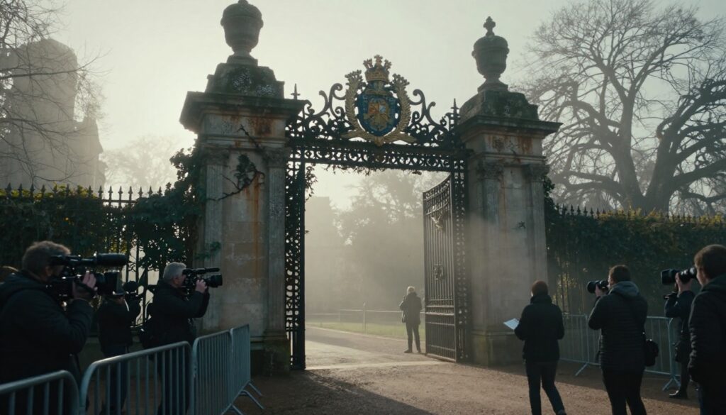 Prince Andrew Arrest 2026 moment with a royal figure being escorted by police outside a grand estate while journalists and cameras capture the scene