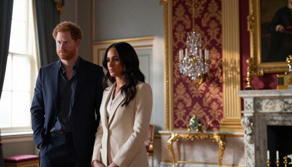 Prince Harry and Meghan Markle symbolically separated from the British Royal Family representing royal ban and emotional distance