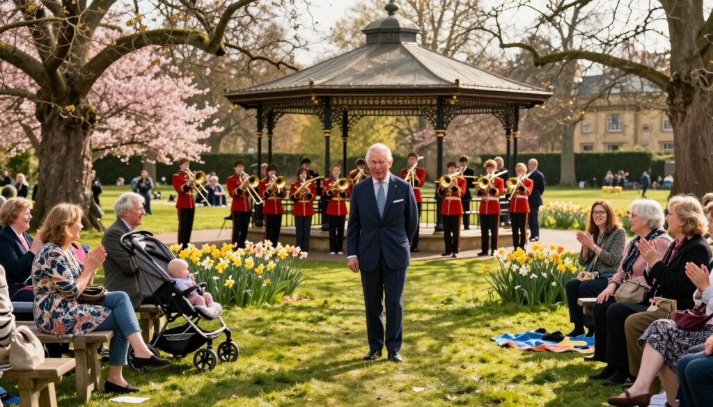 King Charles North Yorkshire tour Harrogate Valley Gardens brass band performance