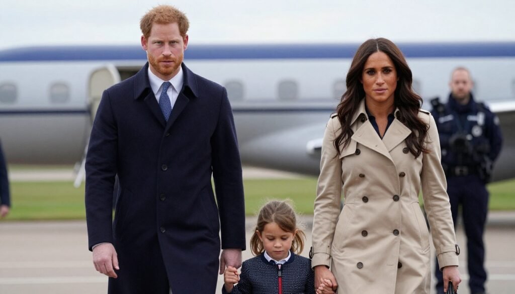Prince Harry walking with Archie and Lilibet in a quiet UK countryside setting during a rare family visit.