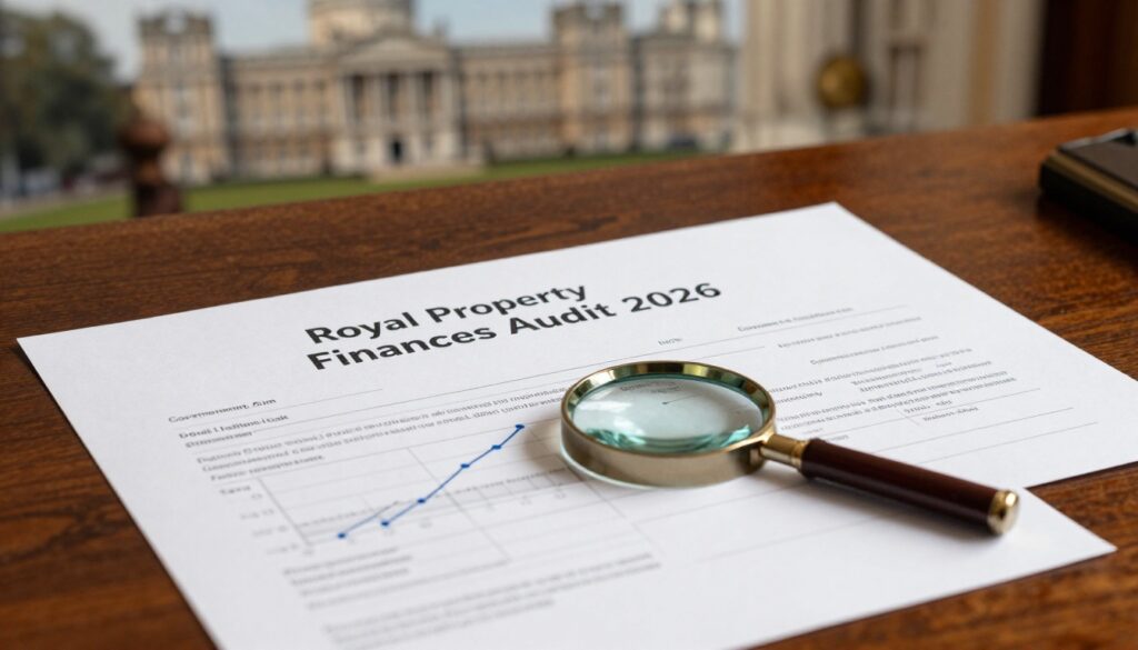Newsroom scene with journalists analyzing Royal Property Finances Audit 2026 data on screens showing charts, housing costs, and royal property financial records.