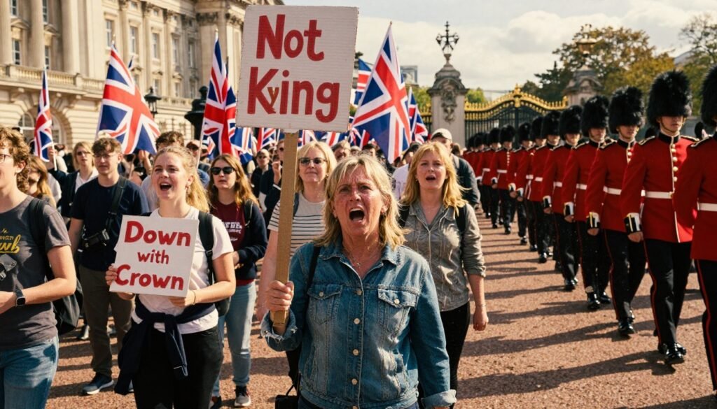 Anti-Monarchy Protesters at the Parade holding banners during Trooping the Colour 2026 in London