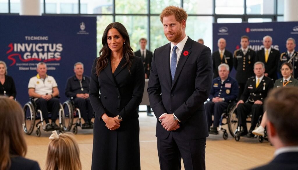 Prince Harry attending an Invictus Games event in the UK while Archie and Lilibet observe from the side with Meghan Markle.