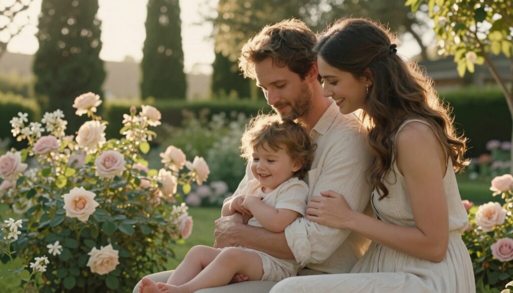 Warm family birthday moment with parents and young child in a luxury outdoor garden