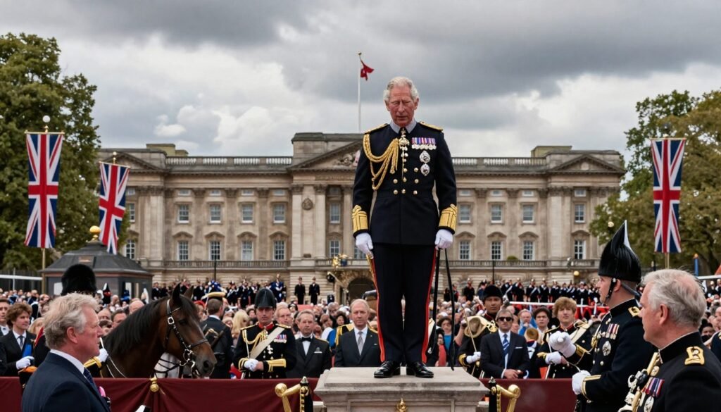 King Charles Trooping the Colour 2026 parade with royal guards, horses, and military procession outside Buckingham Palace
