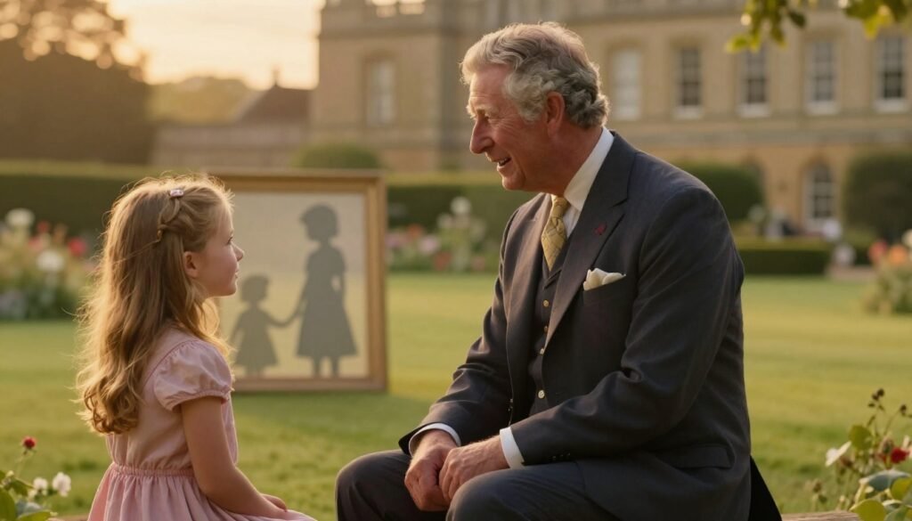 Archie and Lilibet depicted in a symbolic royal setting showing distance and emotional family connection with King Charles