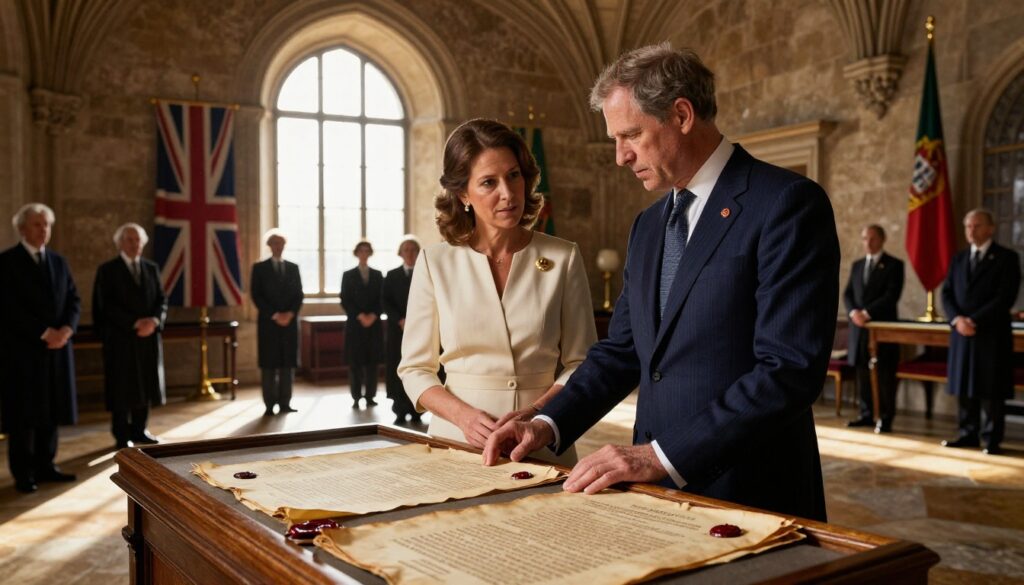 Original Treaty of Windsor documents with medieval parchment and red wax seals displayed during the 640th Treaty of Windsor anniversary celebration