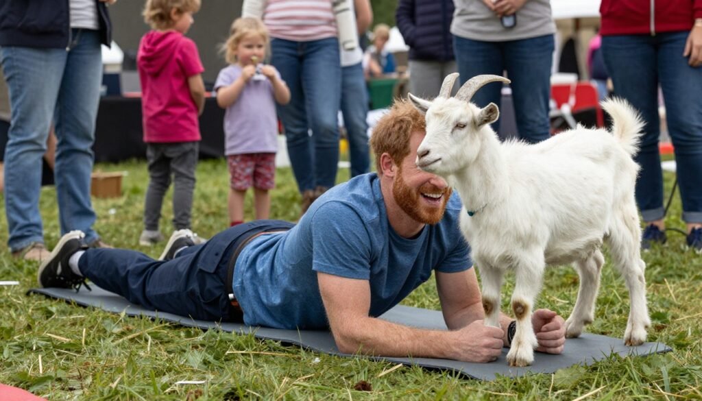 Prince Harry laughing during the Goat Yoga Mishap at a charity festival event