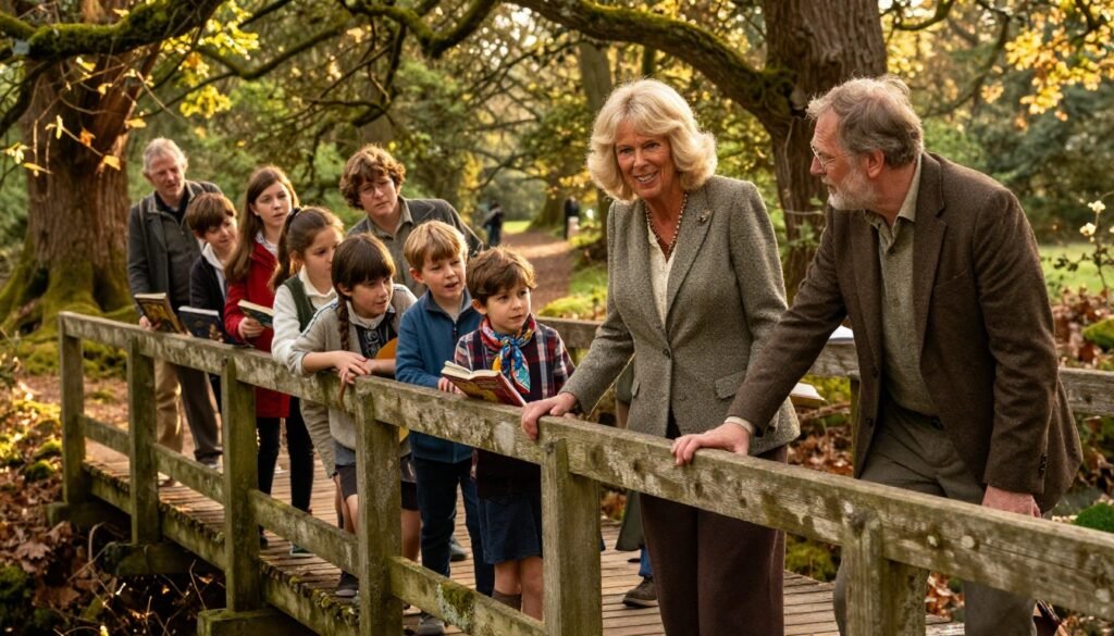 Queen Camilla Poohsticks celebration with families enjoying the classic childhood game