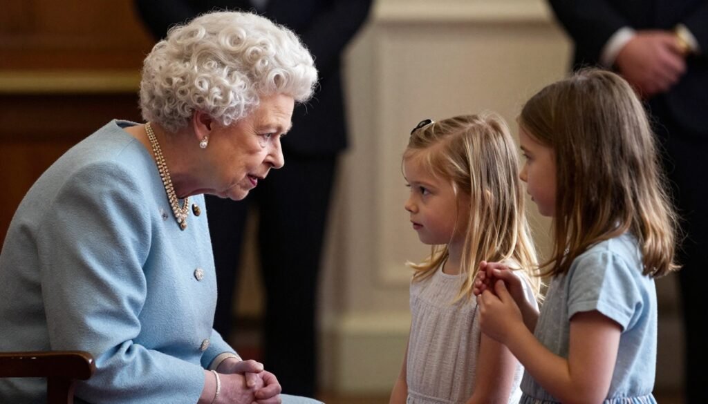 Harry Queen Archie Lilibet showing Queen Elizabeth warmly interacting with Archie bowing and Lilibet holding her in a private royal moment